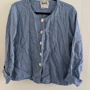 Flax Linen Blue Blouse with Unique Buttons And Pockets